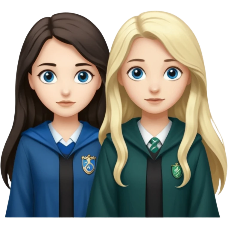 a pretty ravenclaw girl with long dark brown hair and blue eyes standing with a pretty Slytherin girl with long blonde hair, blue eyes emoji