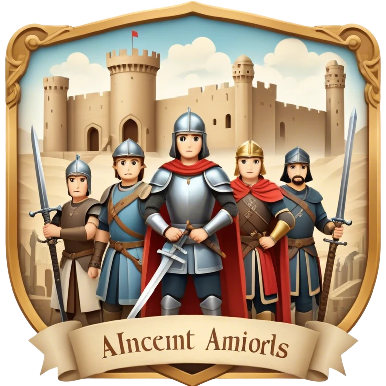 Icon for Historical Movies: A vintage movie poster-style design with elements of ancient architecture, historical figures in period costumes, and a backdrop of a historical event or battle. Include scrolls, swords, and shields. Retro cinematic feel. Transparent background. emoji