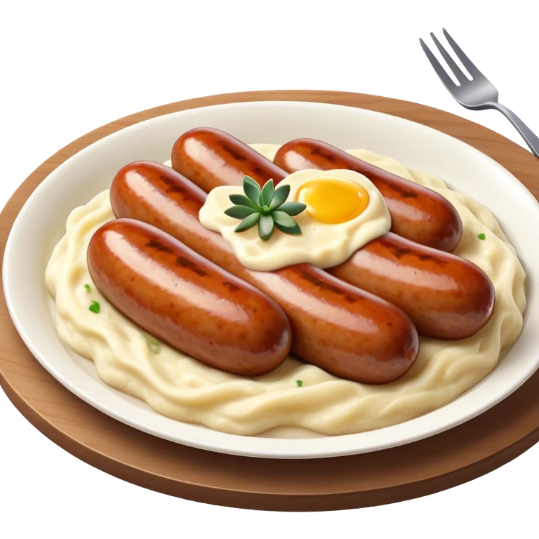 Cinematic Realistic Bangers and Mash Dish Emoji, featuring succulent pork sausages paired with creamy mashed potatoes rendered with detailed textures and natural highlights that emphasize its robust, hearty flavor. emoji