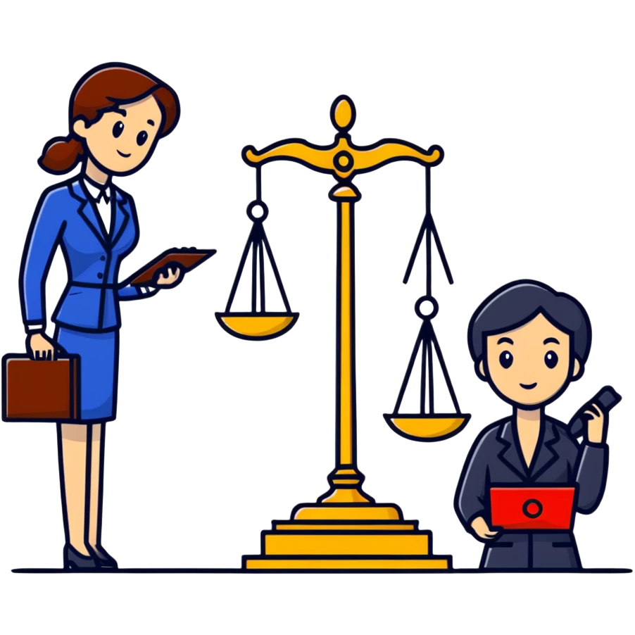 female notary with justice scale and stamp, phoning with another woman emoji