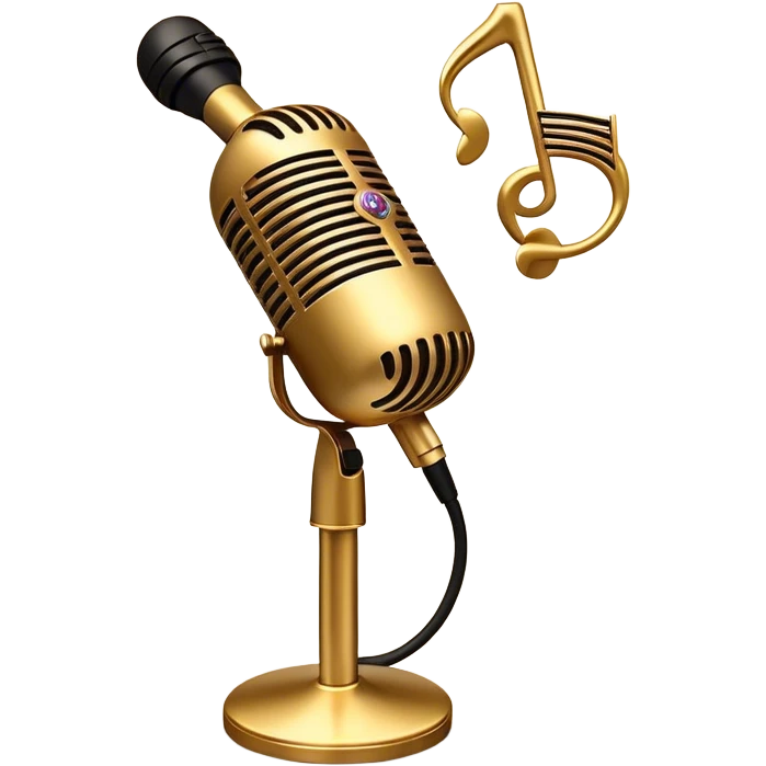 Create a sophisticated and smooth emoji representing jazz vocal performance. The design should feature a stylized microphone, with musical notes swirling around it to convey the fluid, improvisational nature of jazz. Add subtle elements like a vintage microphone stand or a hint of a singer’s silhouette in the background to reflect the live, intimate feel of jazz performance. Use deep, rich colors like gold, black, and burgundy to evoke the classic, smooth vibes of jazz. The background should be transparent. emoji
