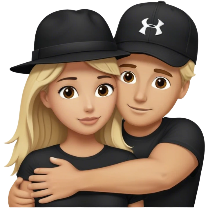 Blonde man wearing black Hurley hat hugging brunette woman emoji