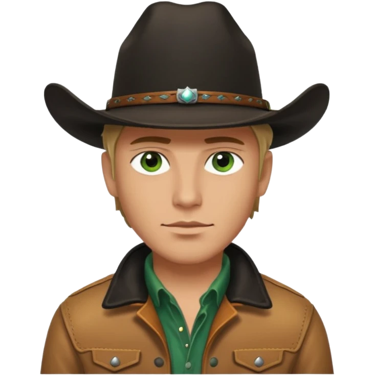 yellowstone ranch cowboy with black cowboy hat, black t-shirt, leather tan jacket, and green eyes emoji
