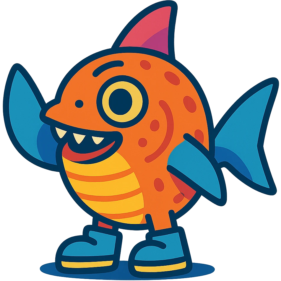 funny small animal with shark fins as hands, fish features, wearing little shoes, cartoon style, bright colors, detailed emoji