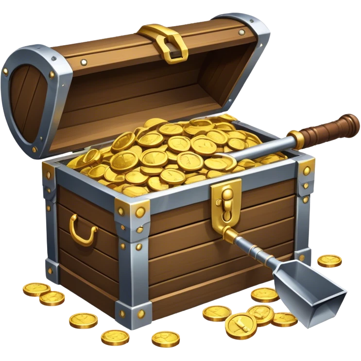 An icon featuring a treasure chest partially open, revealing gold coins and jewels. A metal detector and a shovel are nearby, symbolizing the excitement of treasure hunting. The design evokes adventure, exploration, and the thrill of discovering hidden treasures. transparent background. emoji