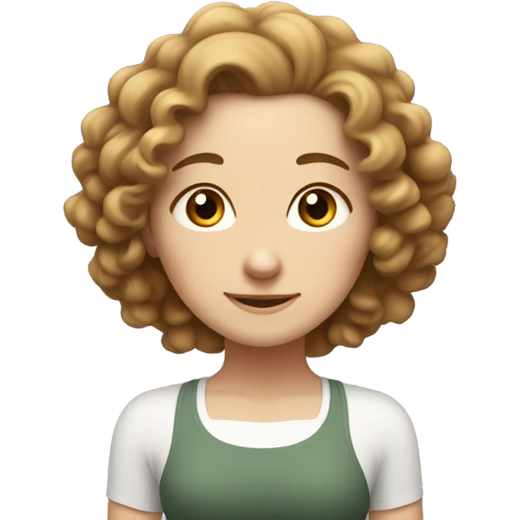 white girl with curly brunnete in yoga pose. Serene smile emoji