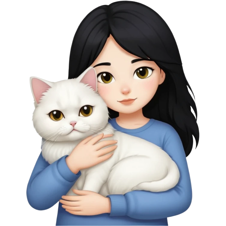 Black layered hair girl snuggling one white Persian cat emoji
