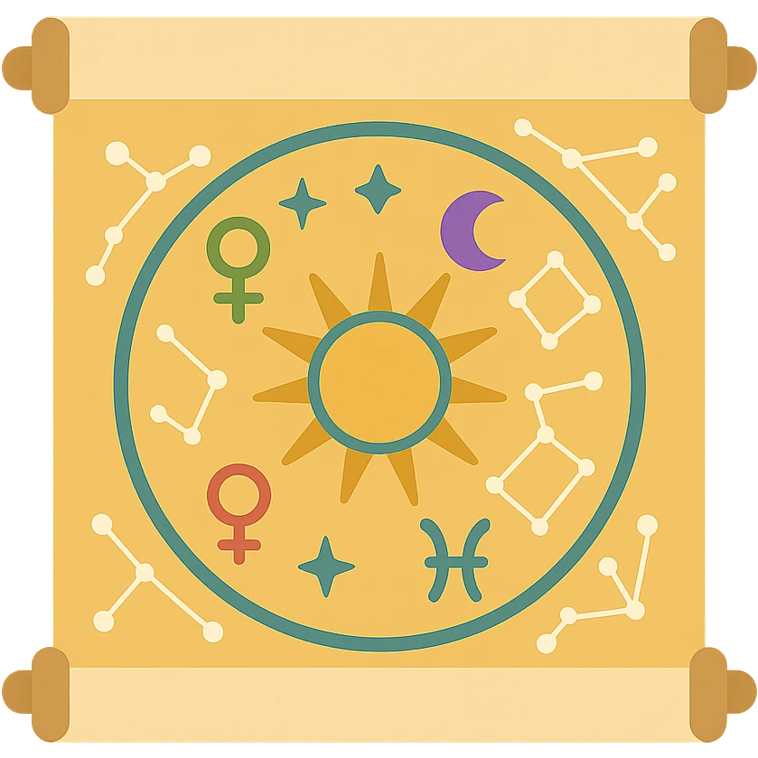 vintage astrology natal chart icon with intricate celestial symbols, mystical, ornate, zodiac constellations, in color emoji
