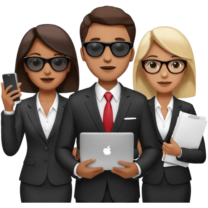 Команда в деловых костюмах из трёх человек. на переднем палне Мужчина впереди общается по смартфону, дальше женщина слева стоит с ноубуком, мужчина справа держит бумаги. У всех людей разные, но позитивные эмоции. Все троя в солнцезащитных очках emoji