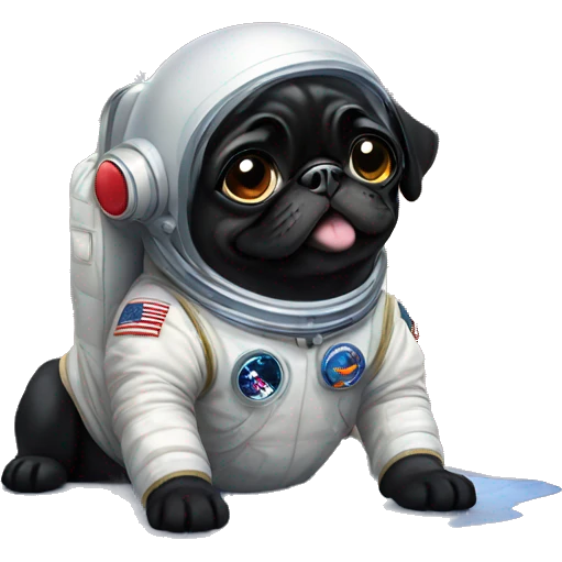 young happy black Pug astronaut sitting on floor emoji