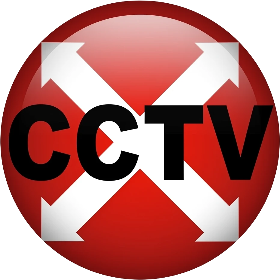 Red filled circle with white X and arrow on all end points on the X. Big CCTV word in the centre in black emoji