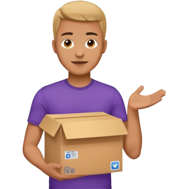 a man in a purple T-shirt hands out a box emoji