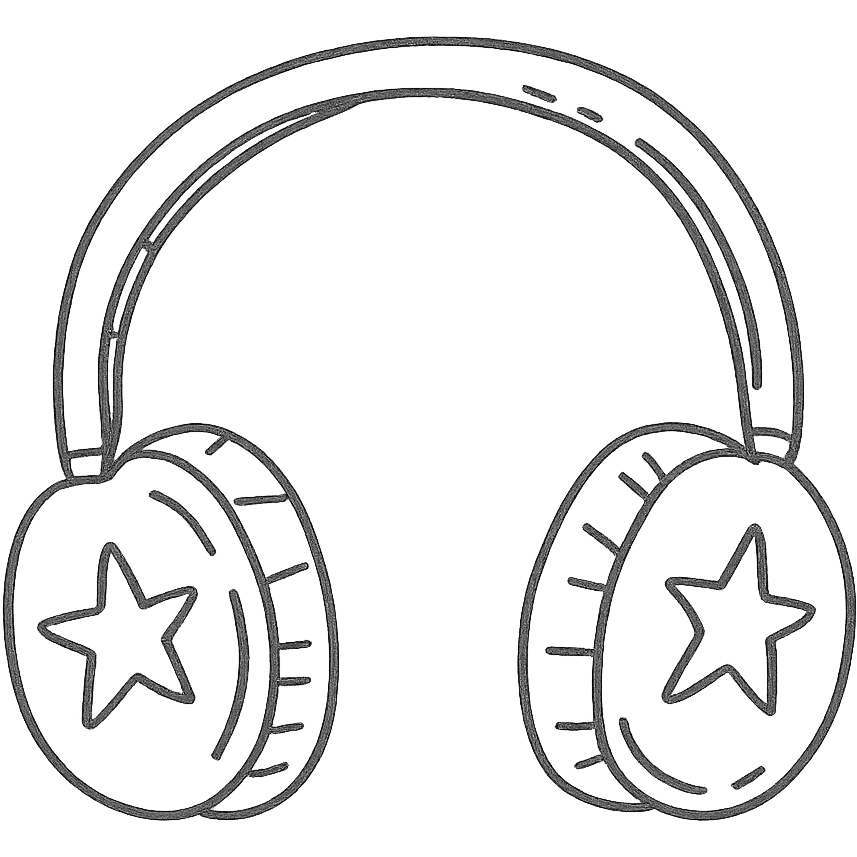 black and white headphones with stars, hand drawn outline style emoji
