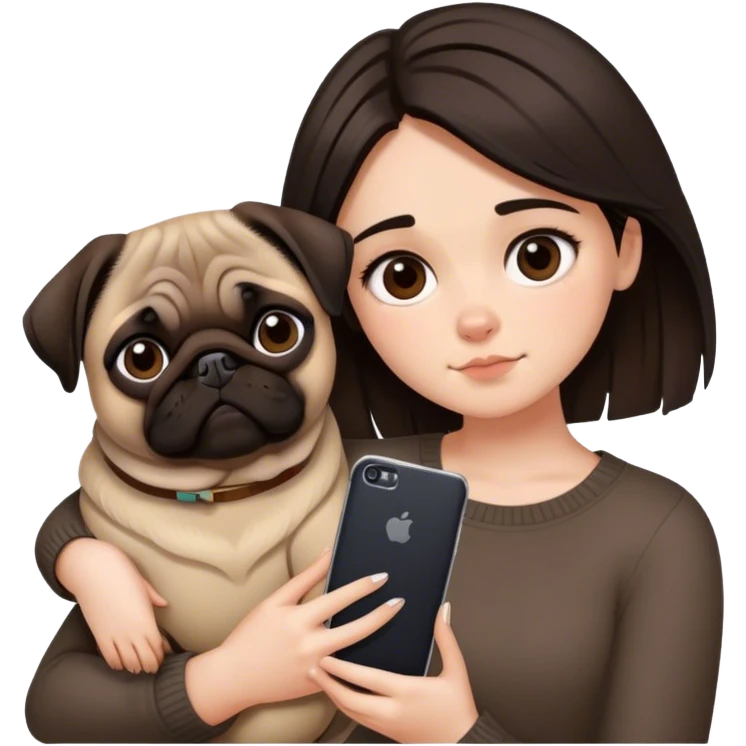 Pretty girl with dark brown casscading choppy hair frames her face as she holds her phone and her big pug lays beside her emoji
