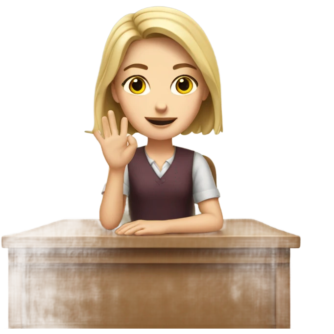 A white girl with a raised hand at a desk at school  emoji