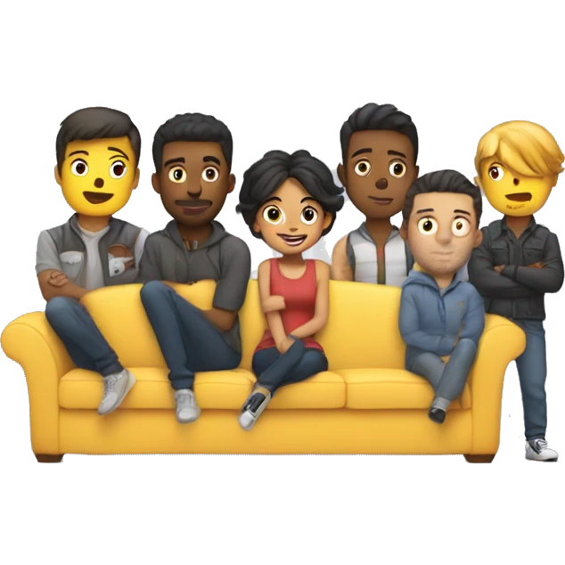 Cute girl on a couch with 6 guys standing behind her  emoji