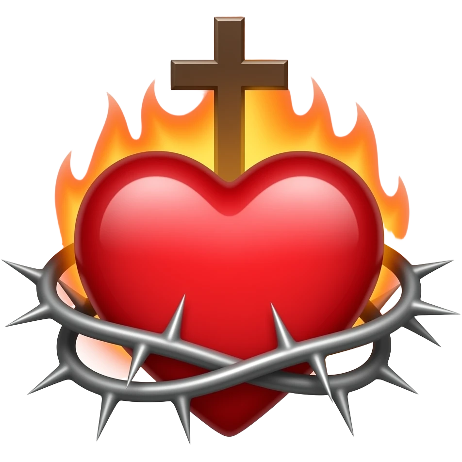 coeur rouge entouré d'épines, surmontée d'une croix et de légères flammes emoji