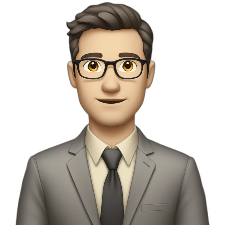 Full height Pale skinned Fit Man With dark brown hair in classic gray suit, beige office shirt, dark gray tie, and vintage glasses. His hands lock emoji