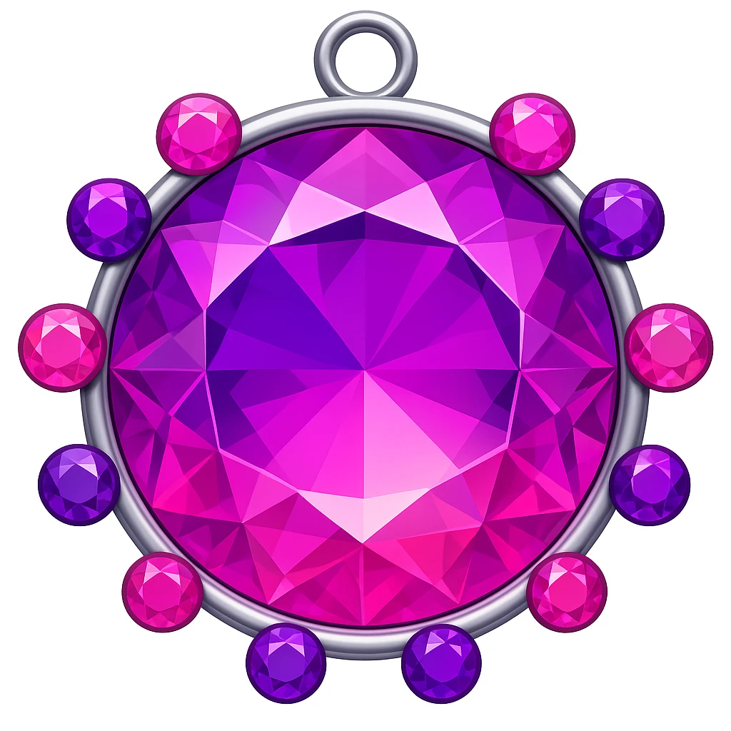 Add more gemstone accents and introduce pink hues to the purple sugilite holographic gem charm with silver metal frame, keep emoji style emoji