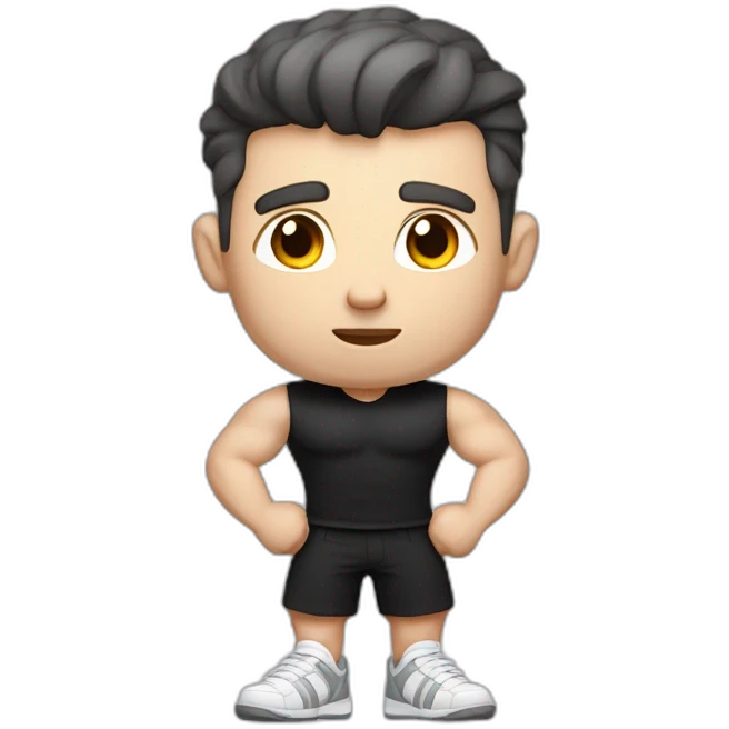 Confused Pale skinned Fit Man With the biceps and dark brown hair in black shirt, gray sports shorts and white Sneakers emoji