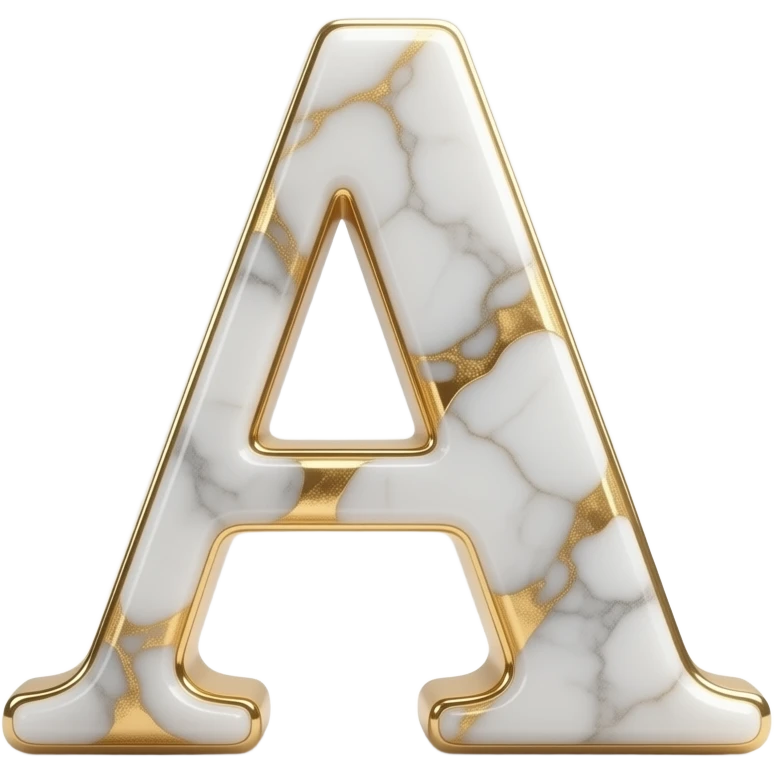 A luxurious uppercase letter 'A' crafted from polished white Carrara marble with deep veins of glowing liquid gold flowing through it. High-end jewelry aesthetic, soft studio lighting, elegant and Luxurious Marble Letter. emoji