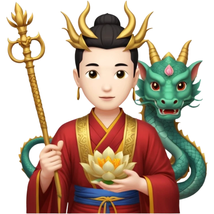 man with asian dragon head, scepter, buddhism, lotus emoji