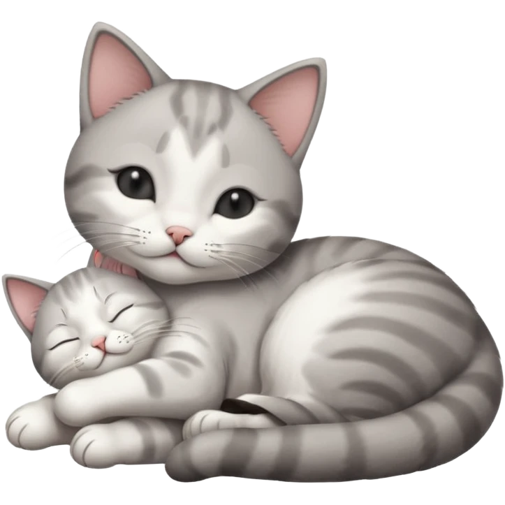 grey and white small cat with its eyes closed lying down leaning on his elbow with his paw curled under his head holding it up emoji