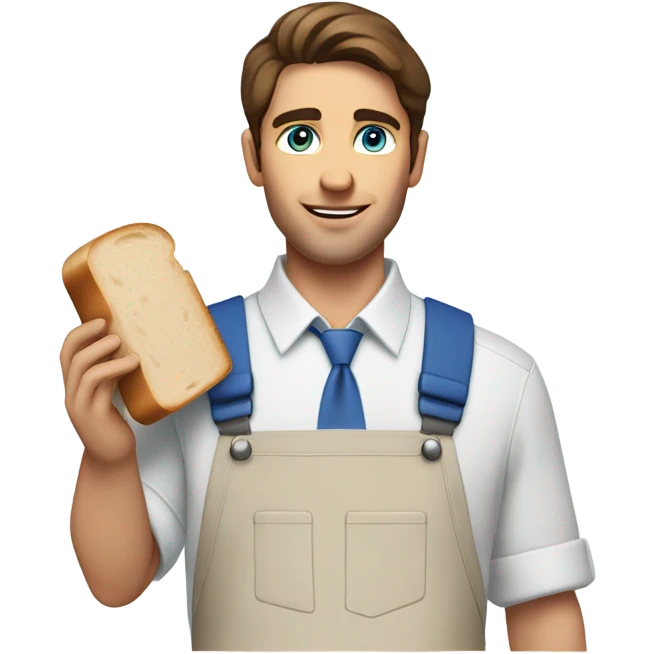 Male with brown hair and blue eyes with white collard shirt and blue apron with khakis and hat holding a sandwhich emoji