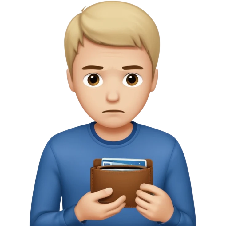 A young guy looks at his empty wallet. emoji