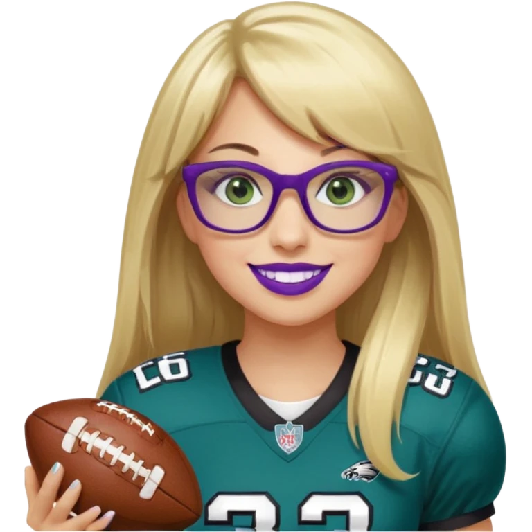 long blonde hair with straight bangs, black rectangle glasses, female, green eyes wearing eagles uniform jersey number 33 holding football smiling purple lipstick emoji