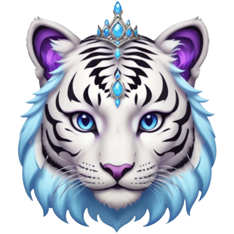 ESO Female white/black tiger khajiit leader of the umbral rose, glowing blue eyes, glowing blue 'third eye' gem; purple gemmed silver tiara emoji