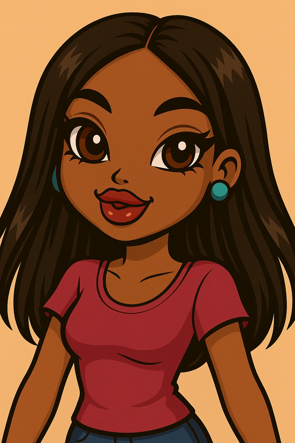 Change her expression to happy, headshot only, 20-year-old anime Bratz style woman with dark skin, straight hair, more casual outfit, big expressive eyes, glossy lips, no hat, no tears, looking straight ahead. The style should reflect anime Bratz aesthetics with vibrant colors and expressive features. emoji