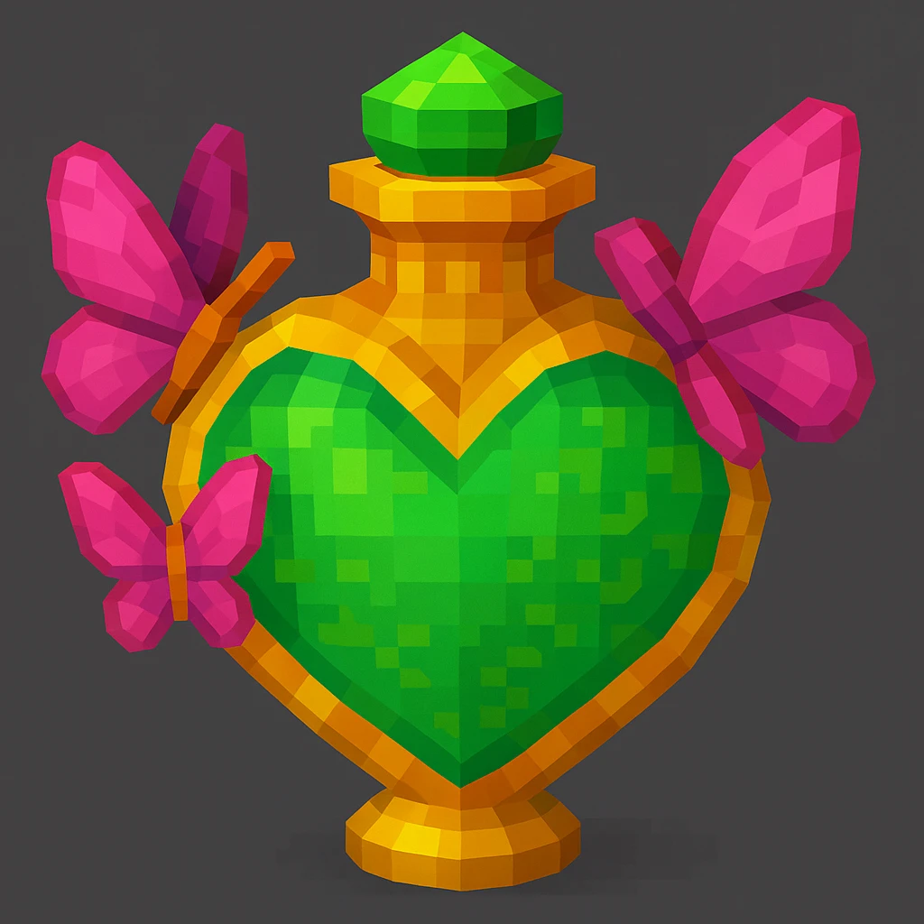 Enhance the bottle to be more pride-like with bright gold highlights, add more detail, and make the bottom of the bottle rounder. Keep the overall low poly 3D style and butterfly elements intact. emoji