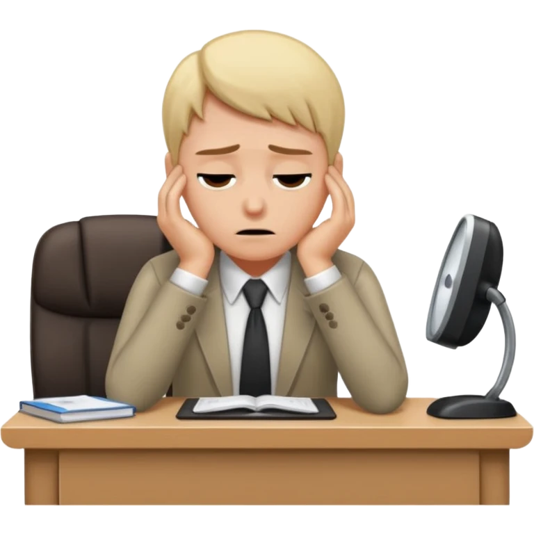 Professional person experiencing burnout, exhausted and overwhelmed, tired eyes, slumped posture, sitting at a desk, iOS emoji style emoji