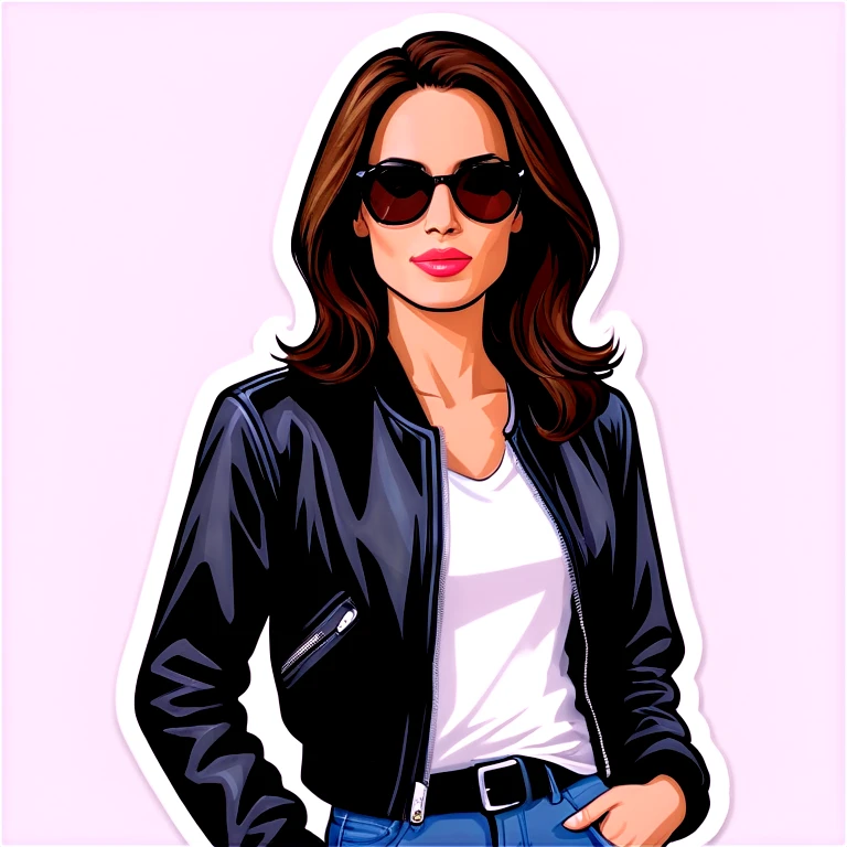 Jolie brune blouson de cuir noir t-shirt blanc emoji