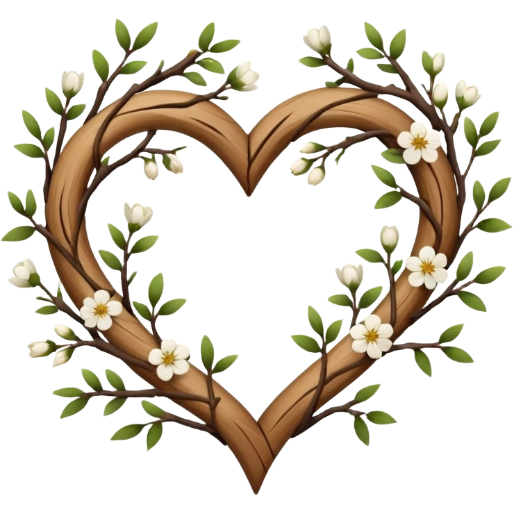 Natural minimal branches with a few flowers in a twisty heart shape emoji