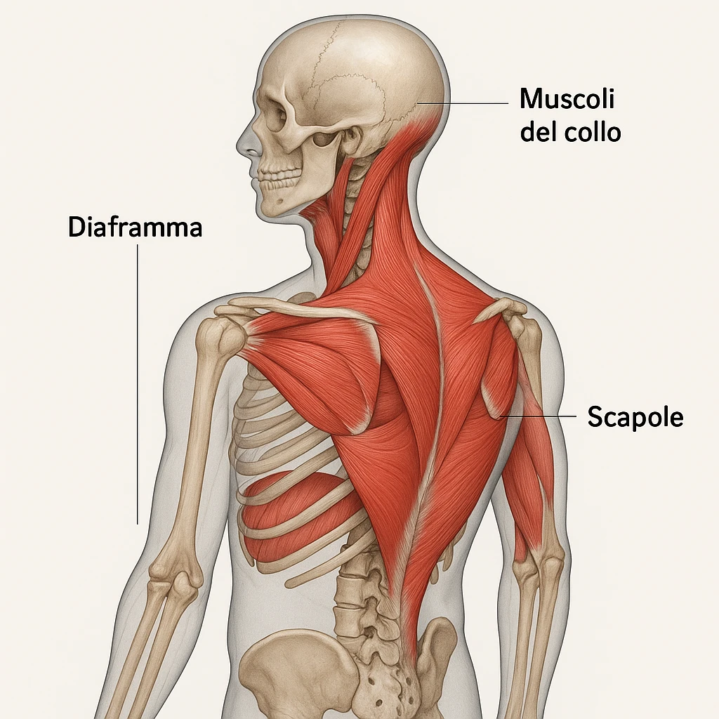 vista 3D con trasparenza, diaframma bloccato, muscoli del collo e scapole evidenziati, didascalie in italiano emoji