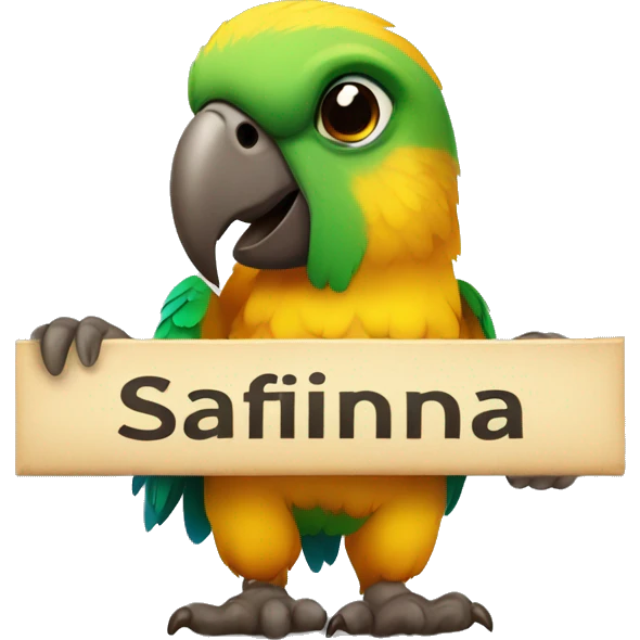 parrot  holding a sign with the inscription “Safina” emoji