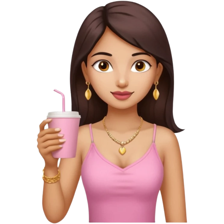 a pretty fair indian bratz girl with a pink cami top, drinking takeaway brown coffee, golden dainty necklace and carrying a white bag emoji