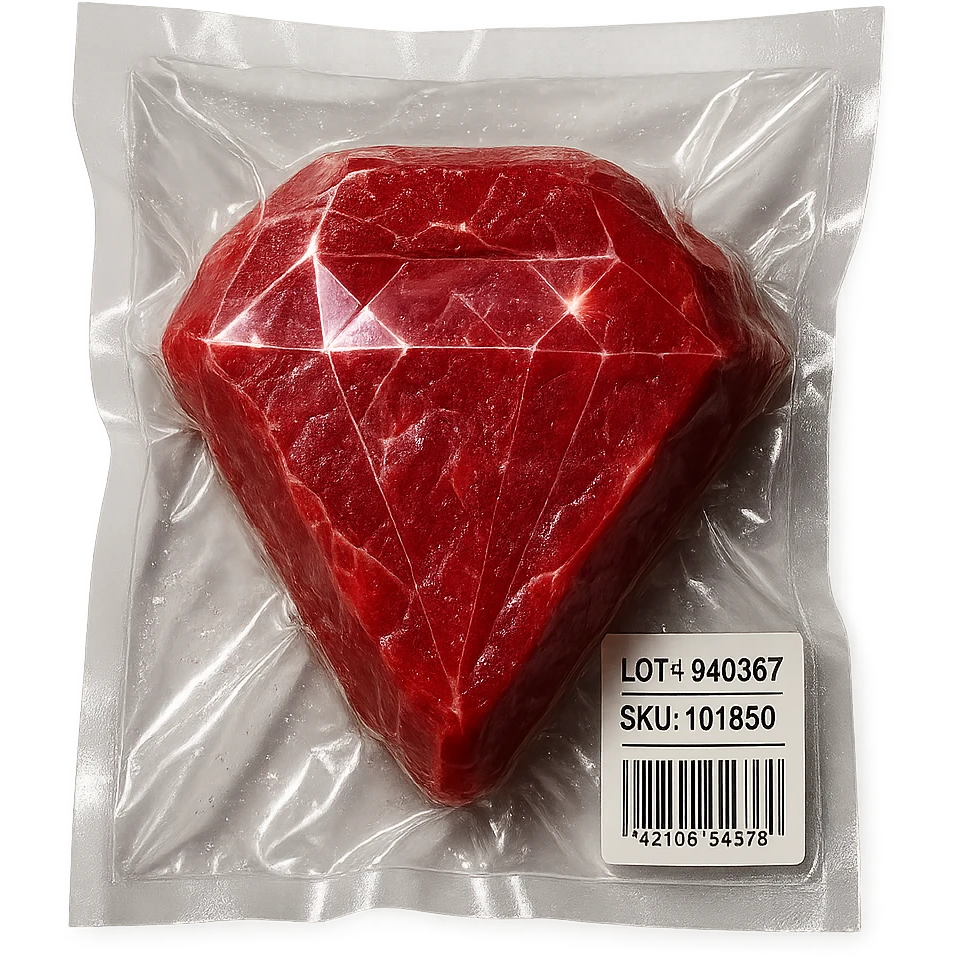 steak with diamond facets and sparkling highlights, glossy and puffy vacuum-sealed style emoji