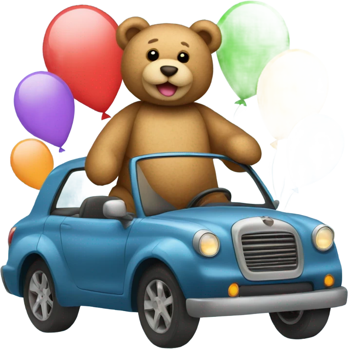 teddy bear driving a car and balloons emoji
