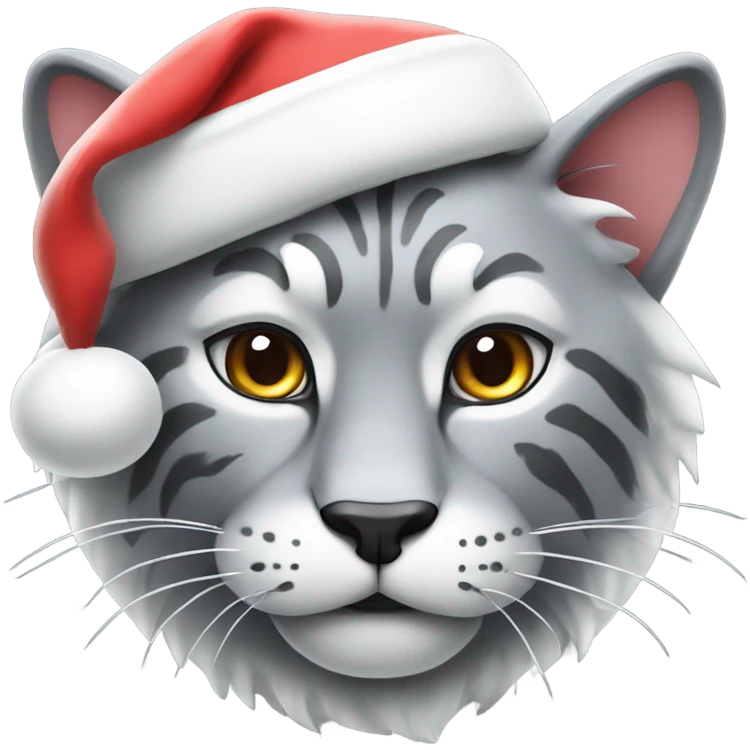 Grey big cat with white accents wearing a Santa hat emoji