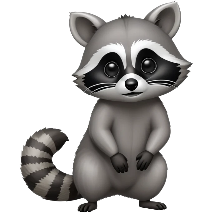 Cinematic-Raccoon-Realistic-hunched Full-Body on all fours-Emoji – Tail flicking lazily, head tilted dramatically, thick grey fur with a signature black mask, sharp and alert ears, simplified yet realistic focused features, highly detailed, glowing with an almost sarcastic glow. big black eyes emoji