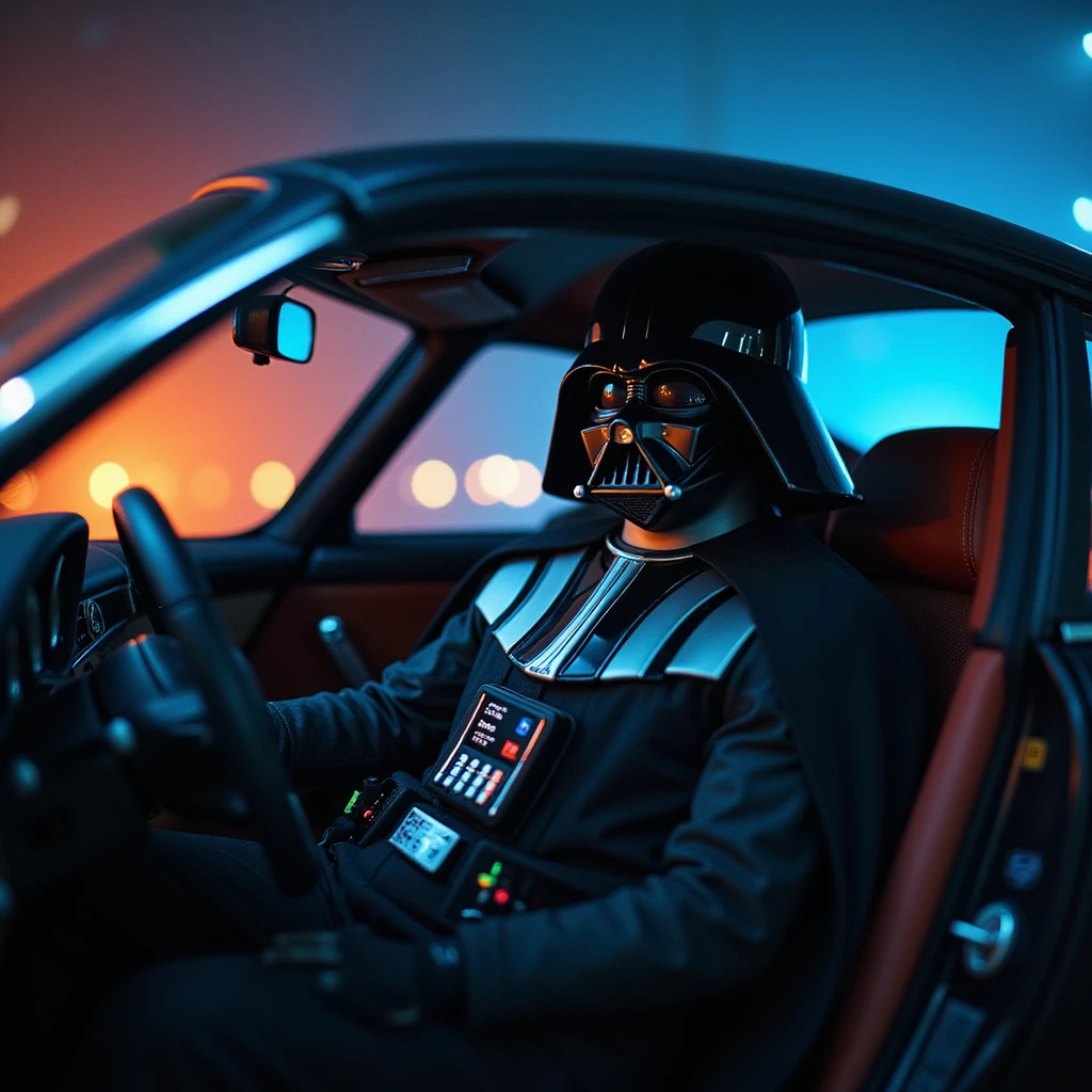 Cinematic shot of a Darth vader sitting in porsche 911, blue and orange lights  emoji