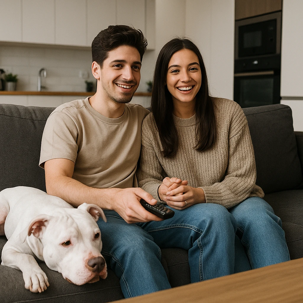 boyfriend and girlfriend on a couch, watching TV, white pitbull lying beside them, modern home setting emoji