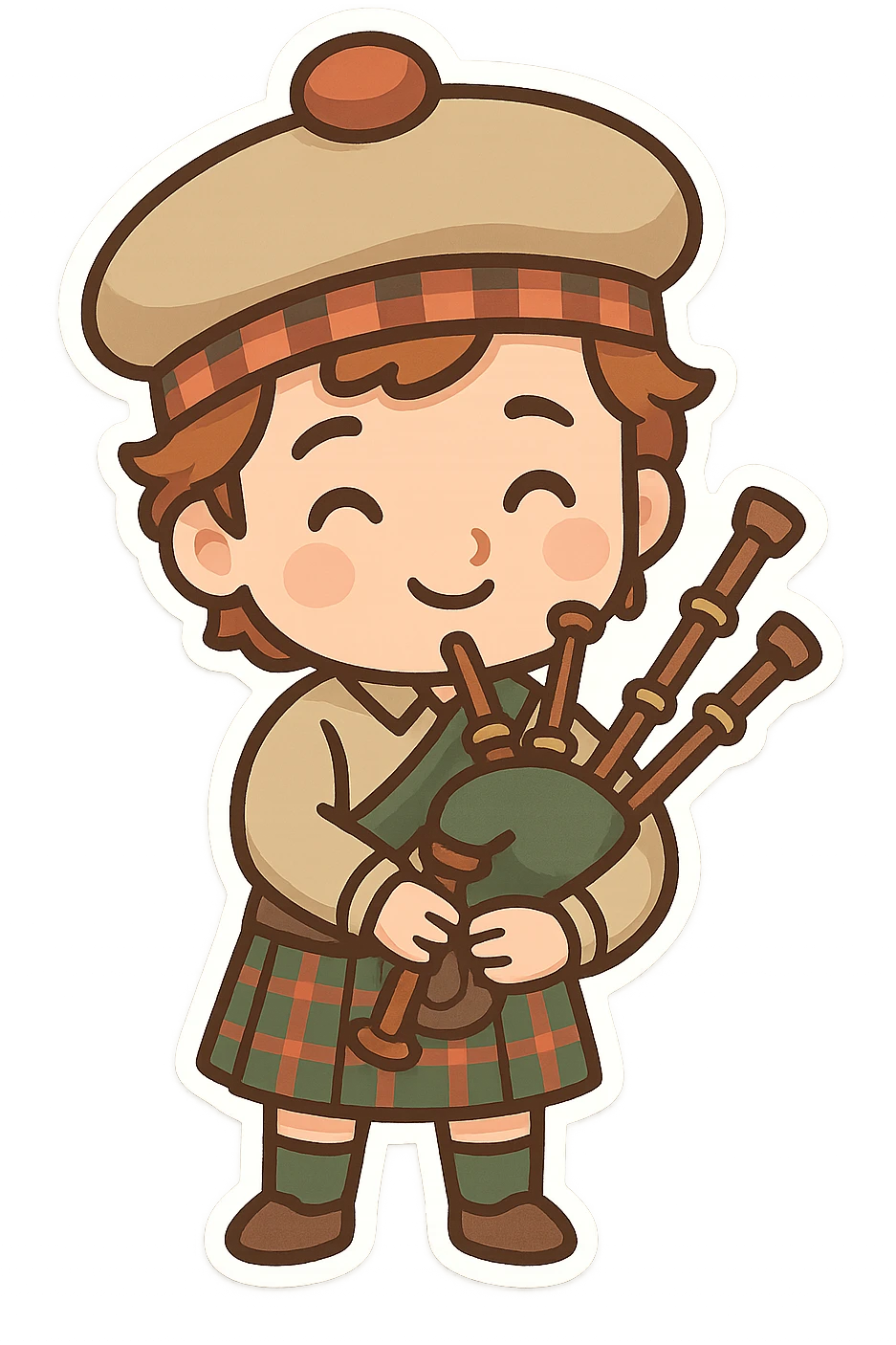 Scottish man with bagpipe, wearing a tam o'shanter hat and kilt, standing, smiling, cartoon style, no background emoji