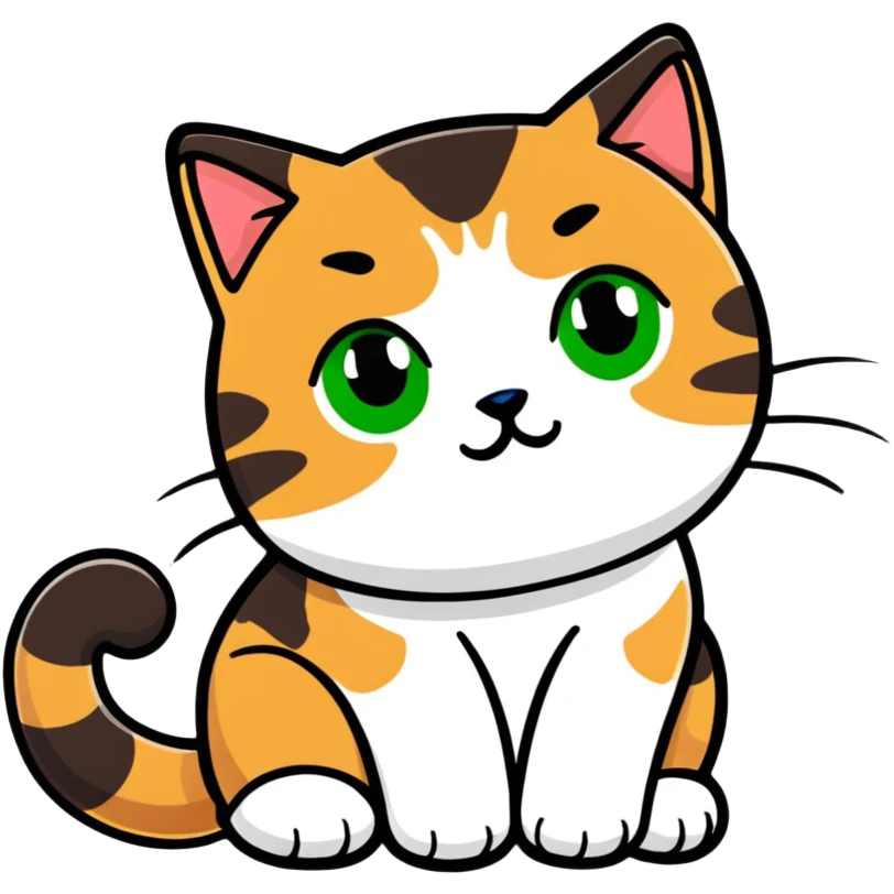 Brown, white, and black tabby cat with green eyes sitting to show its white belly, adorable sticker style emoji