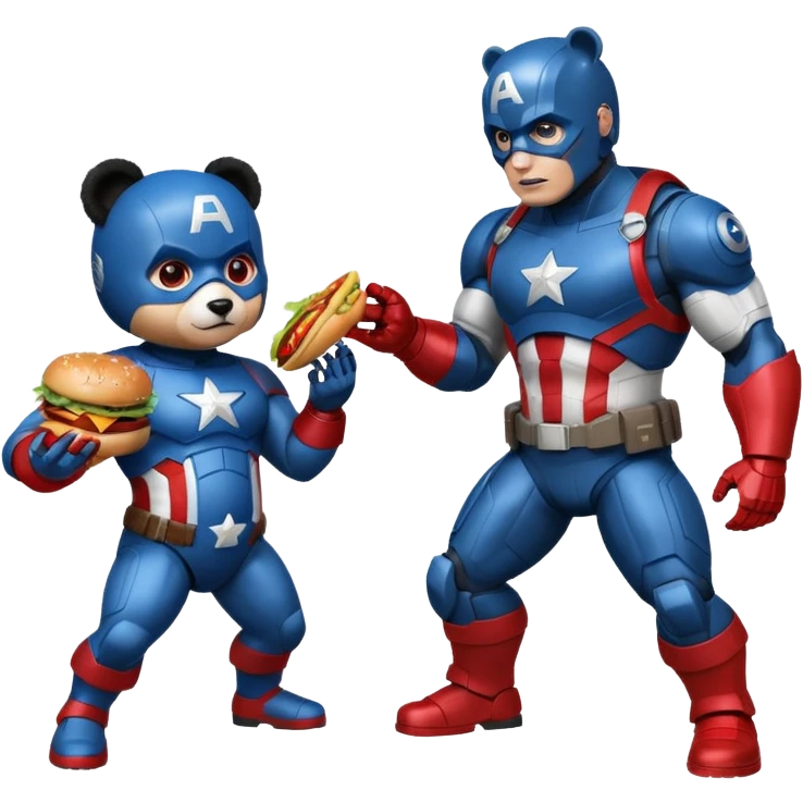 Pregnant captain America eating a hamburger while fighting a half panda half robot  emoji