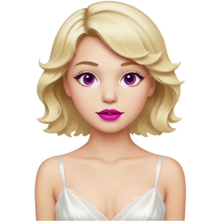 Bride with short wavy blonde hair, hot pink background and white silk chemise dress. Add fuscia background. Add fascia lipstick emoji