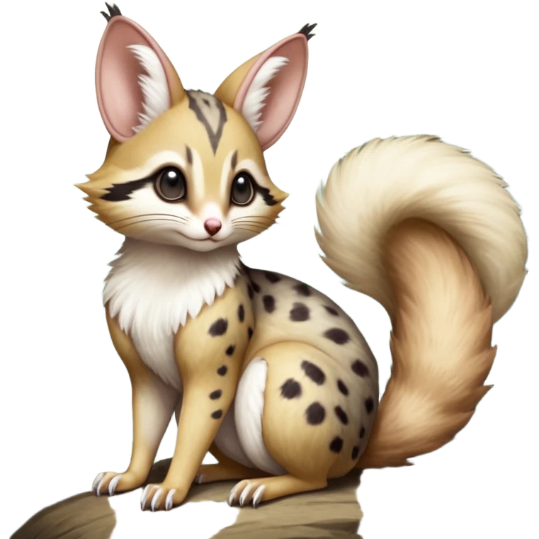 soft natural realistic romantic vintage antique divine beautiful elegant pretty precious cute young youthful  Fakémon-Pokémon-alien-opossum-squirrel-feline-serval-caracal-chinchilla-Minccino-Cinccino-Meowstic-rodent-hybrid-creature with a big fluffy bushy tail (full body) emoji
